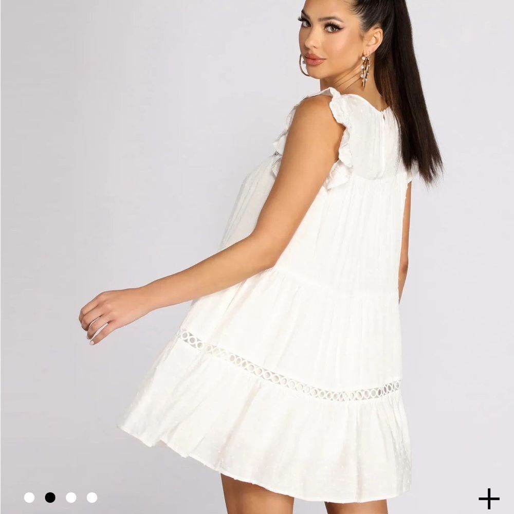 NWT Aakaa White Sleeveless Flutter Swiss Dot Baby doll Mini Sundress w/Pockets S - Picture 3 of 16